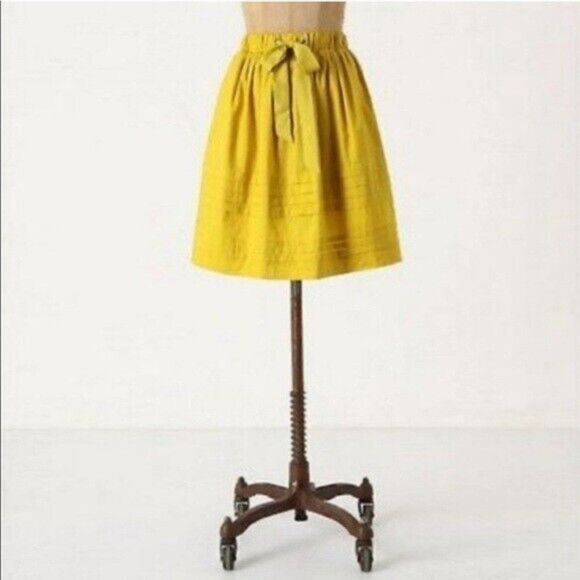 Anthropologie Odille Drawing Parallels Pleated Ribbon Tie Skirt Marigold Yellow - Picture 2 of 10